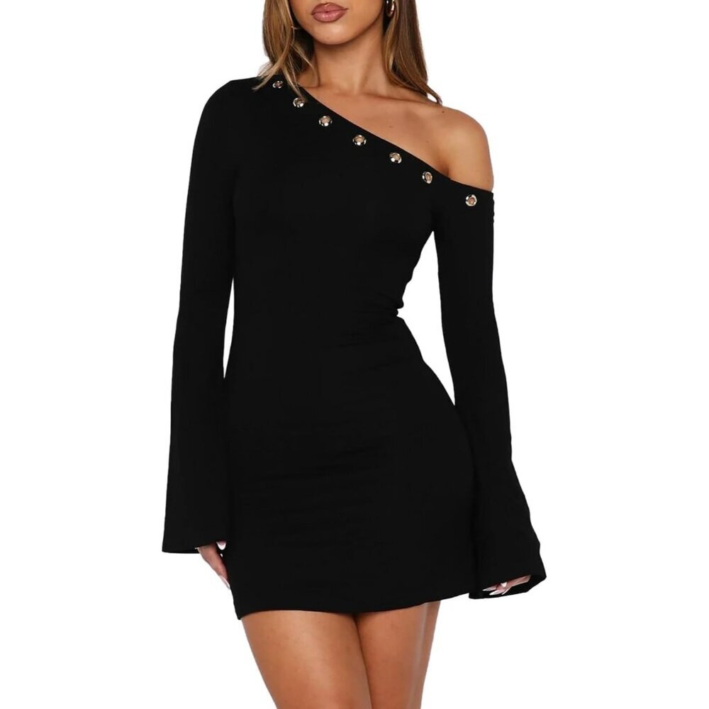 Women's Black Fall Off The Shoulder Long Sleeve Mini Dress Neckline Dresses